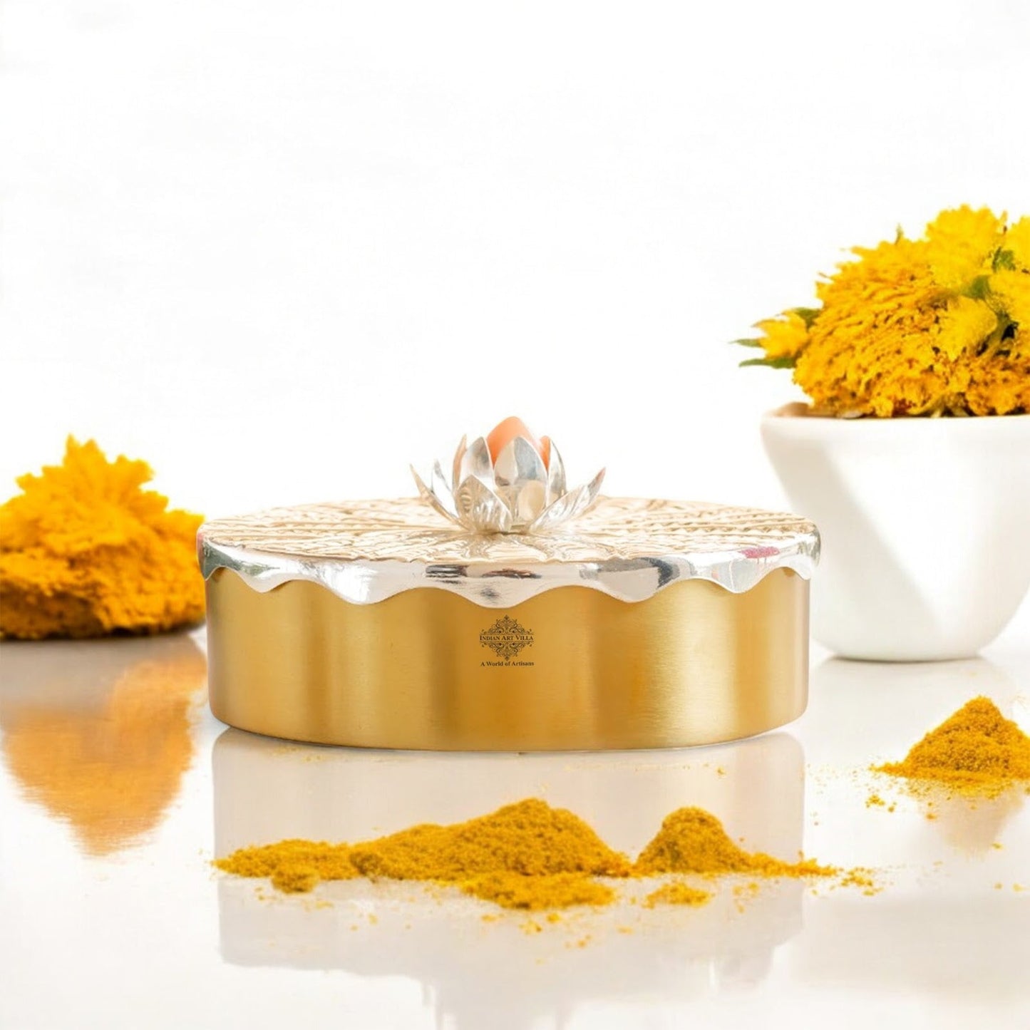 Silver-Plated Brass Decorative Multi-Purpose Gift Box, Lotus Flower Design, Elegant Silver & Gold Finish Storage Box for Dry Fruits