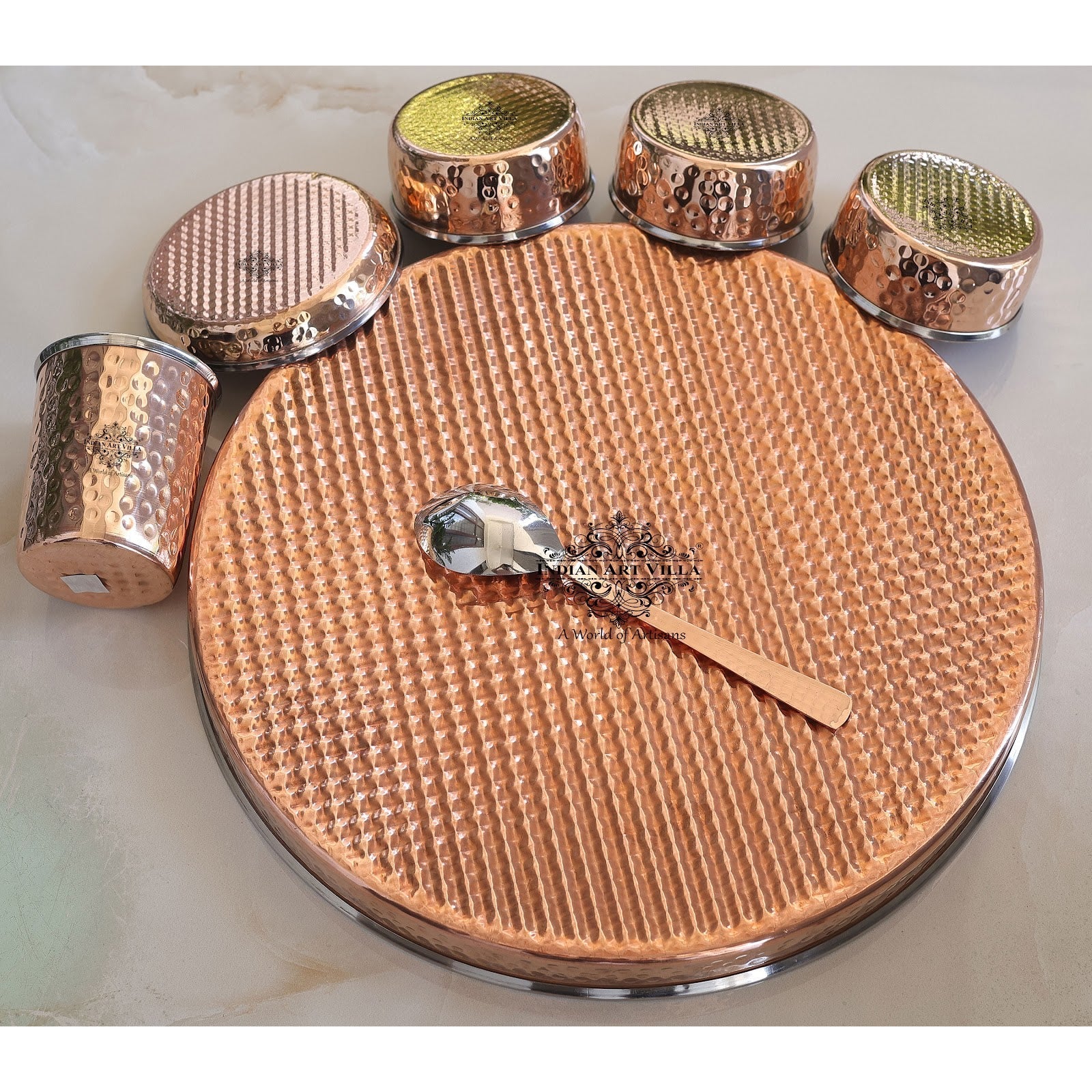 Steel Copper Dinner Set With Antique Hammered Design