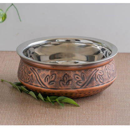 Indian Art Villa, Pure  Steel Copper Embossed Design Serving Handi/Bowl/Casserole, Ideal for Home & Restaurant Tableware and Serveware