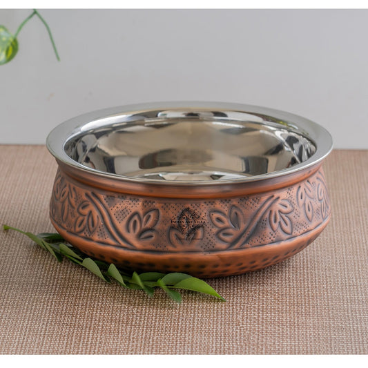 Indian Art Villa, Pure  Steel Copper Embossed Design Serving Handi/Bowl/Casserole, Ideal for Home & Restaurant Tableware and Serveware