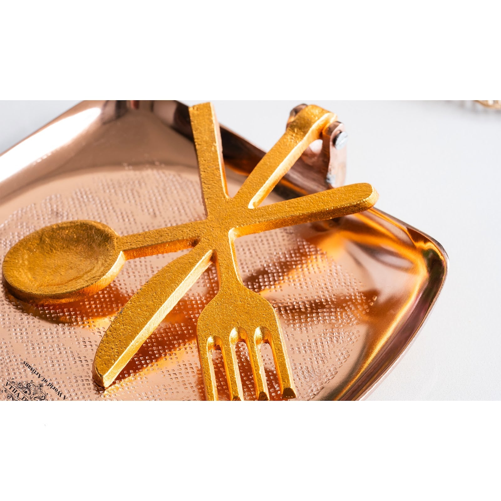 Brass and Copper Finish Napkin Holder with Golden Cutlery Design – Elegant Table Accessory for Dining, Kitchen, Office, and Gifting