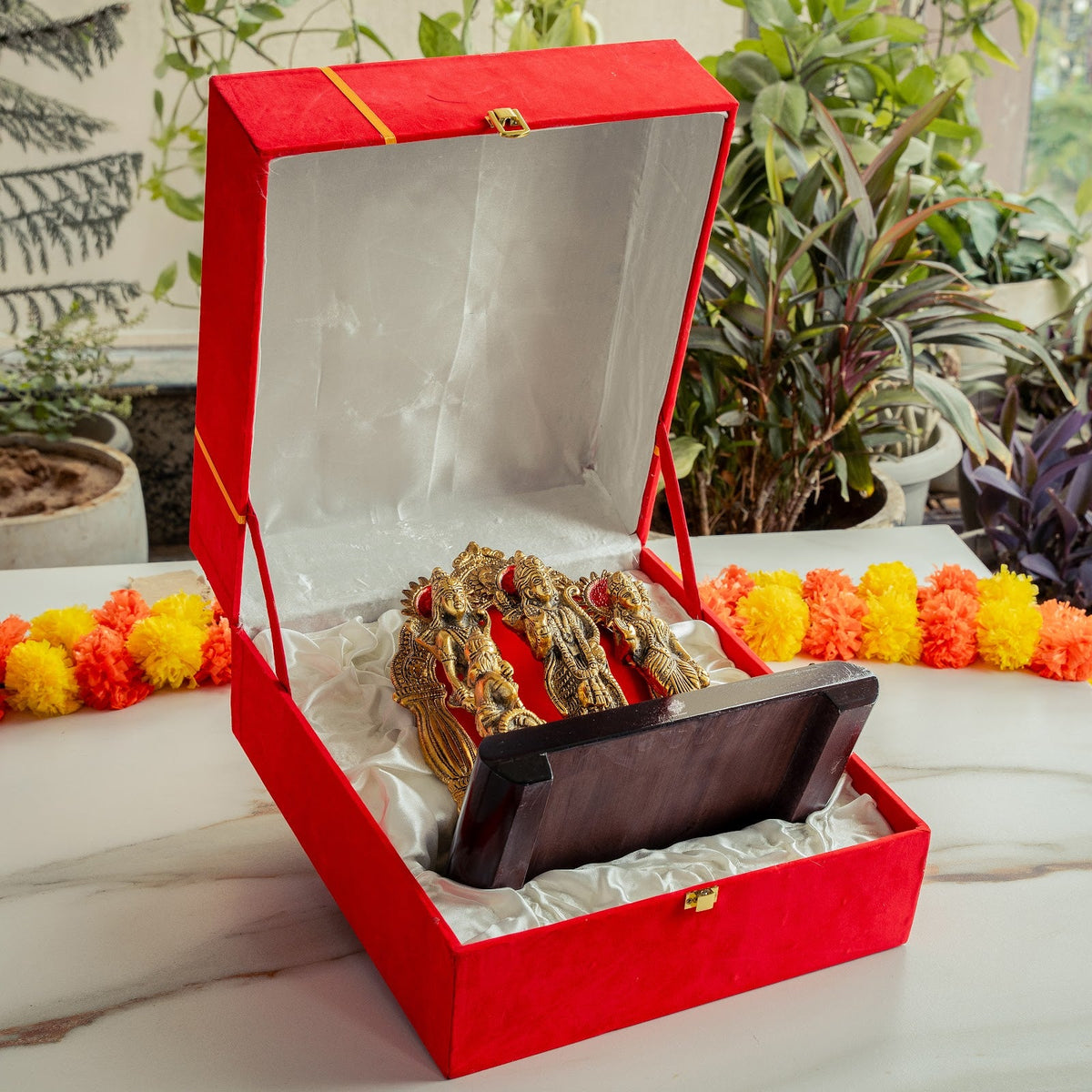 Brass Finish Ram Darbar Murti with Wooden Base for Home Temple