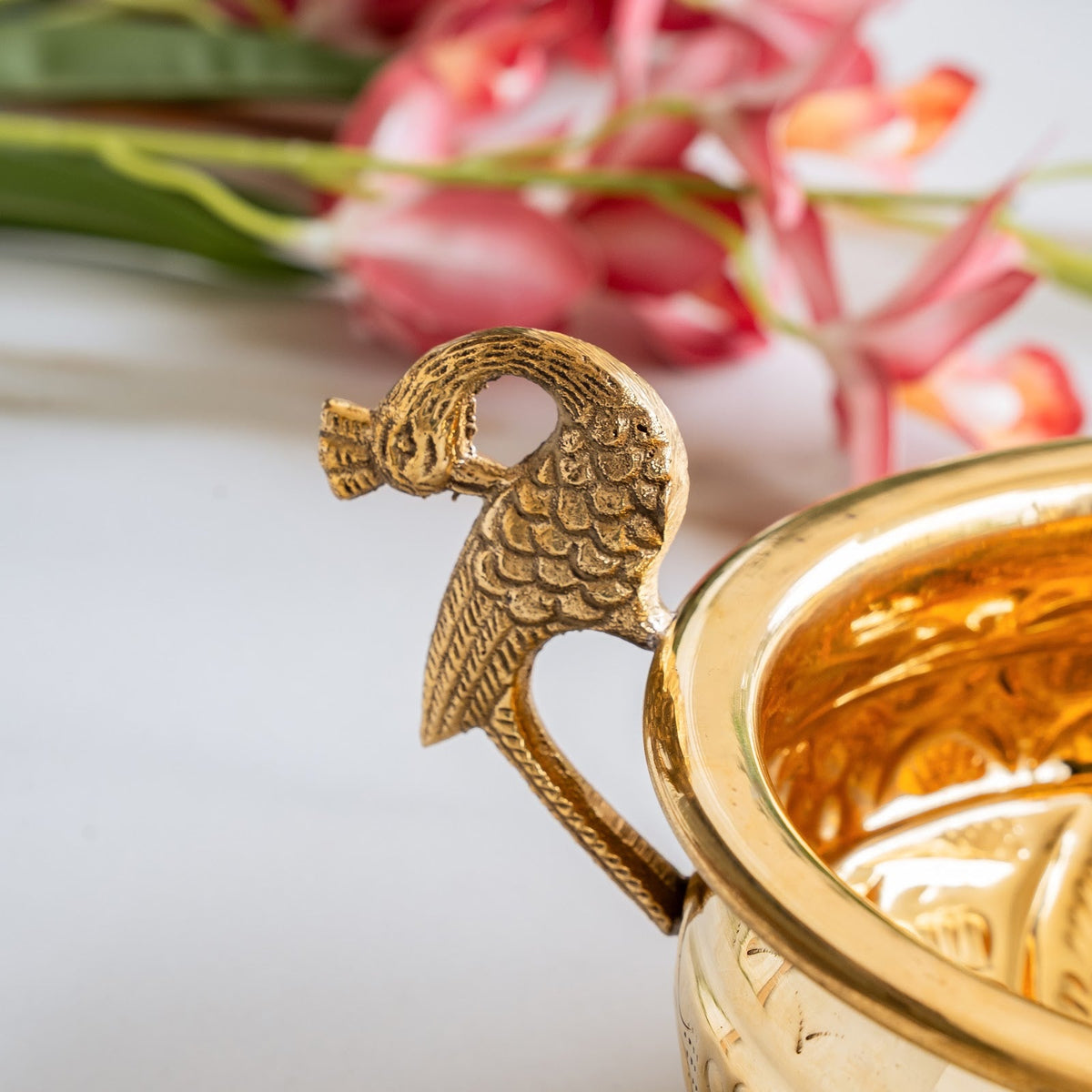 Handcrafted Brass Urli Bowl with Peacock Handles for Décor