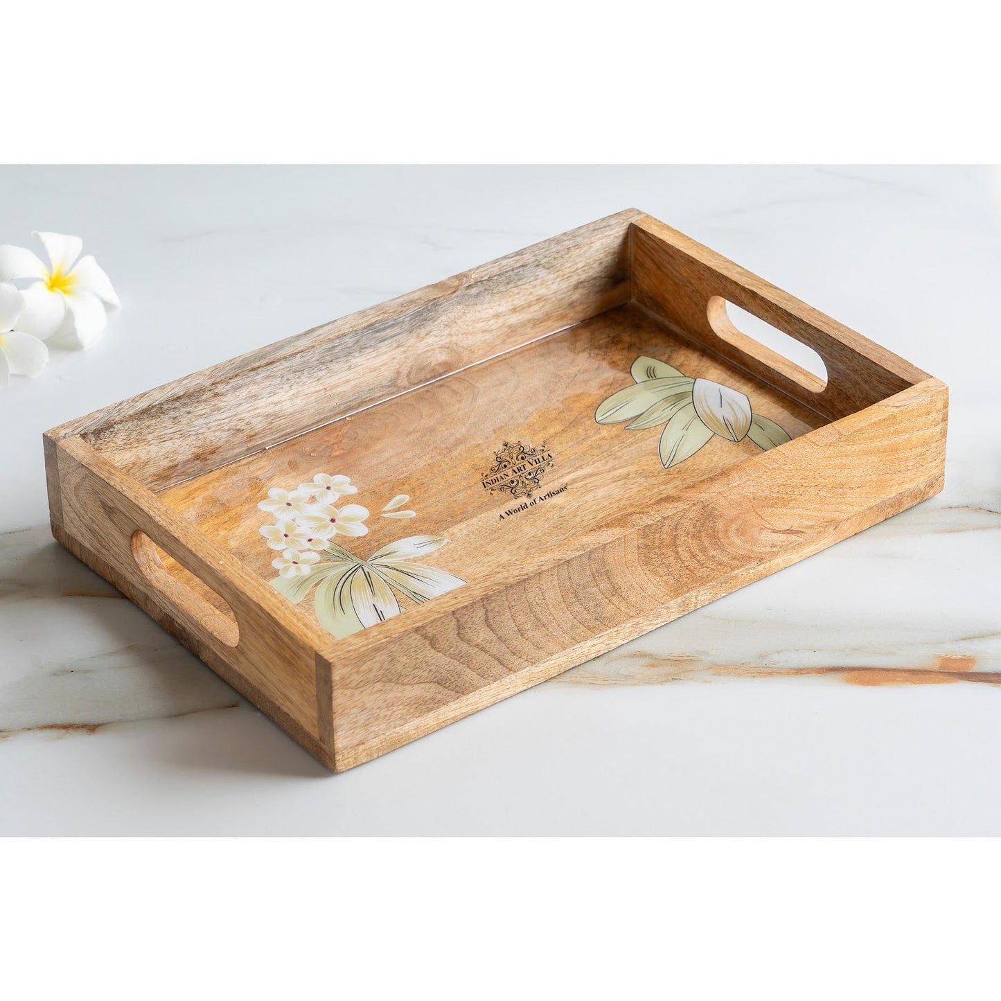 Wooden Tray with Plumeria Flower Design, Multipurpose Serving Tray for Tea, Coffee, Snacks, Home Decor, Gift Hampers