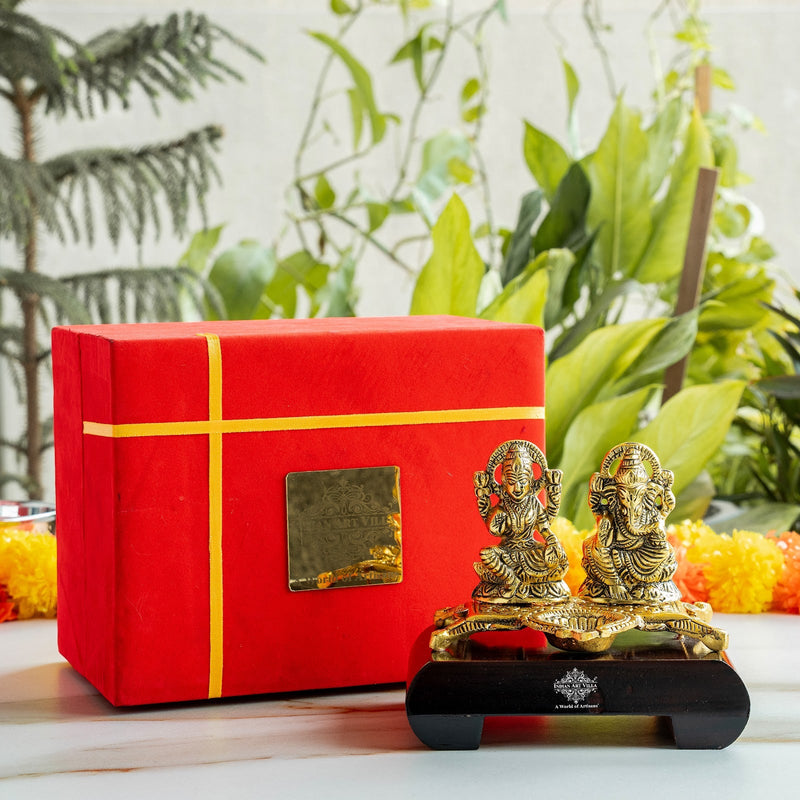 Brass Finish Ganesh Ji With Laxmi JI Murti with Wooden Base