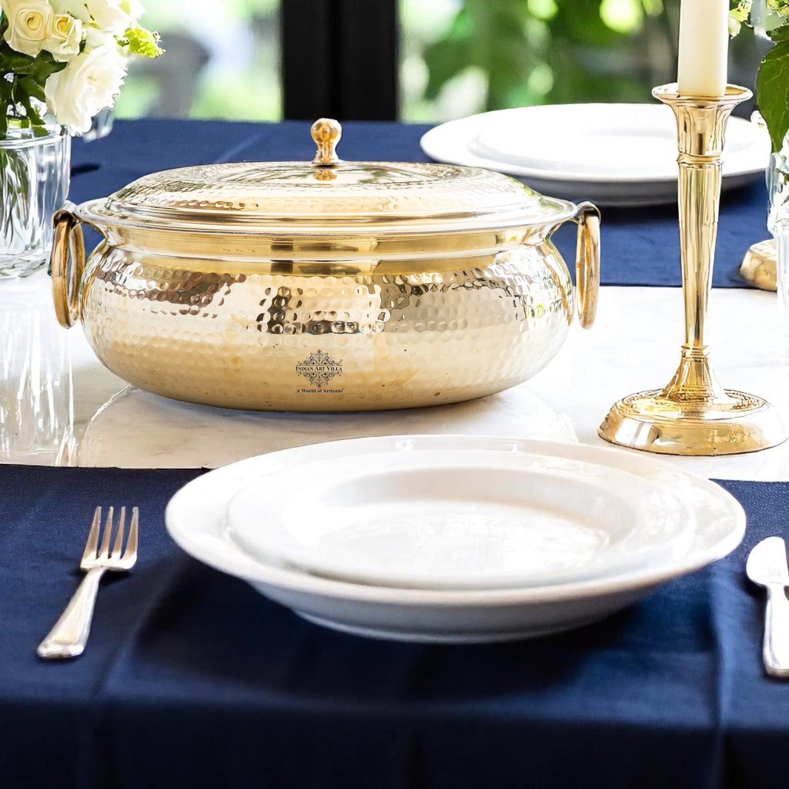 Brass Degchi With Hammered Design, Handle & Inside Tin Lining