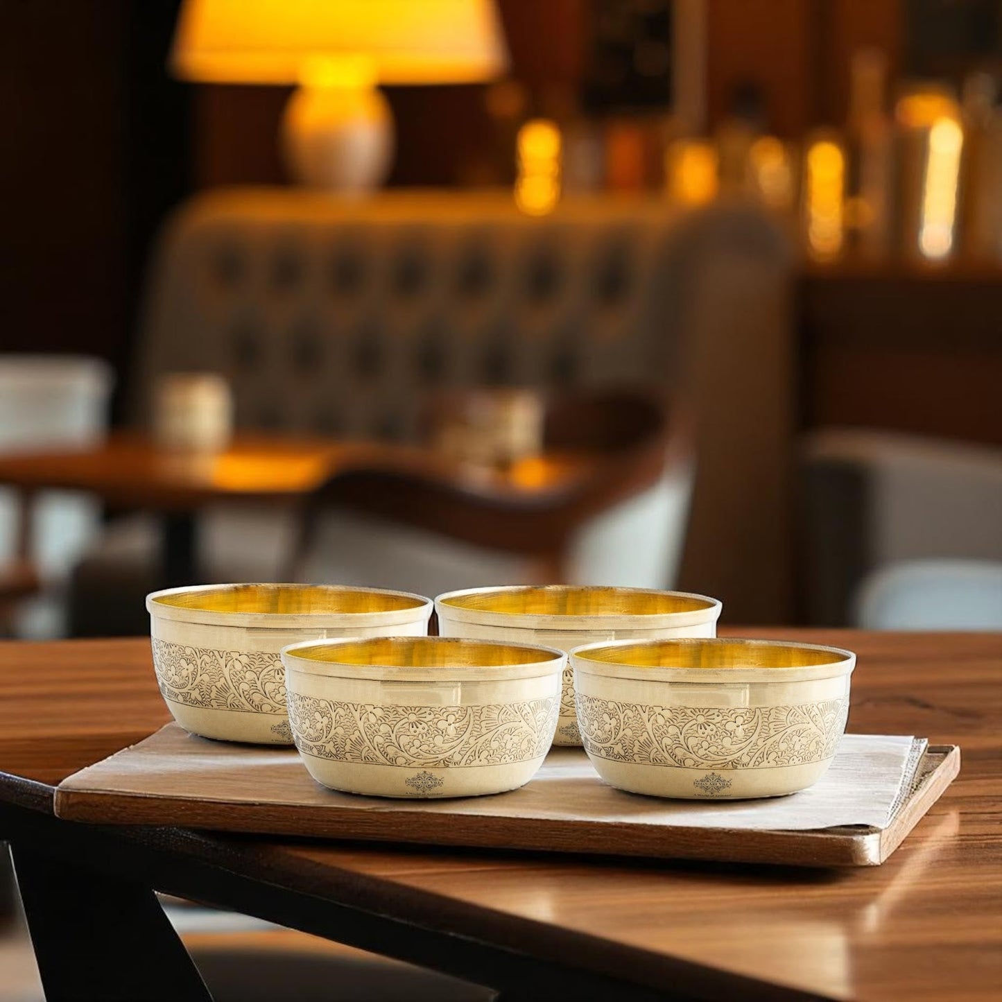 Pure Brass Embossed Design Flat Bottom Bowl, Decorative Dinnerware, Tableware and Serveware for Home Hotel Restaurant, Volume-200 ml