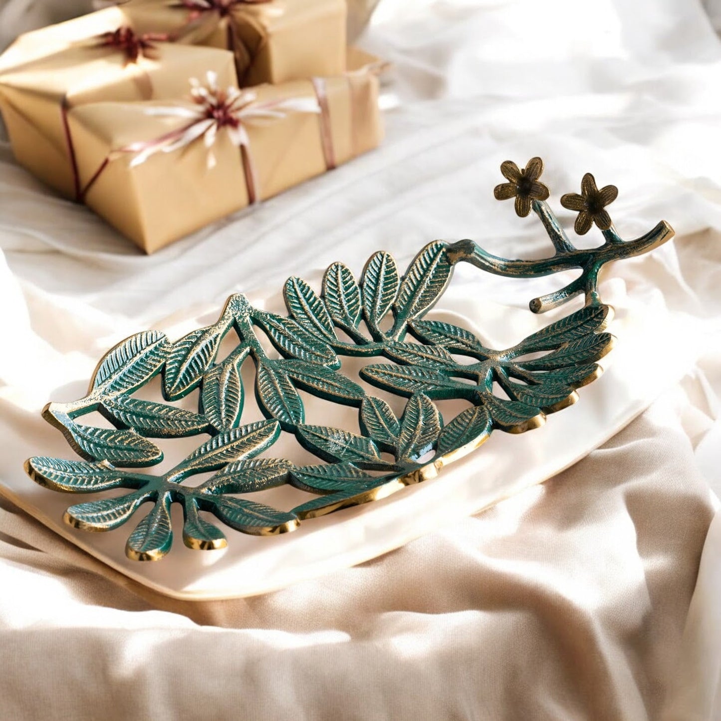 Brass Finish Green Banana Leaf Design Decorative Tray – 40 cm, Elegant Oval Shaped Centerpiece for Home Décor And Table Decoration