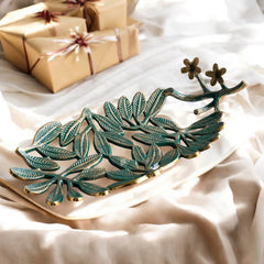 Brass Finish Green Banana Leaf Design Decorative Tray – 40 cm, Elegant Oval Shaped Centerpiece for Home Décor And Table Decoration