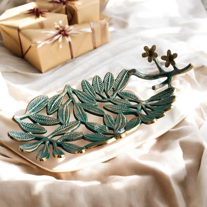Brass Finish Green Banana Leaf Design Decorative Tray – 40 cm, Elegant Oval Shaped Centerpiece for Home Décor And Table Decoration