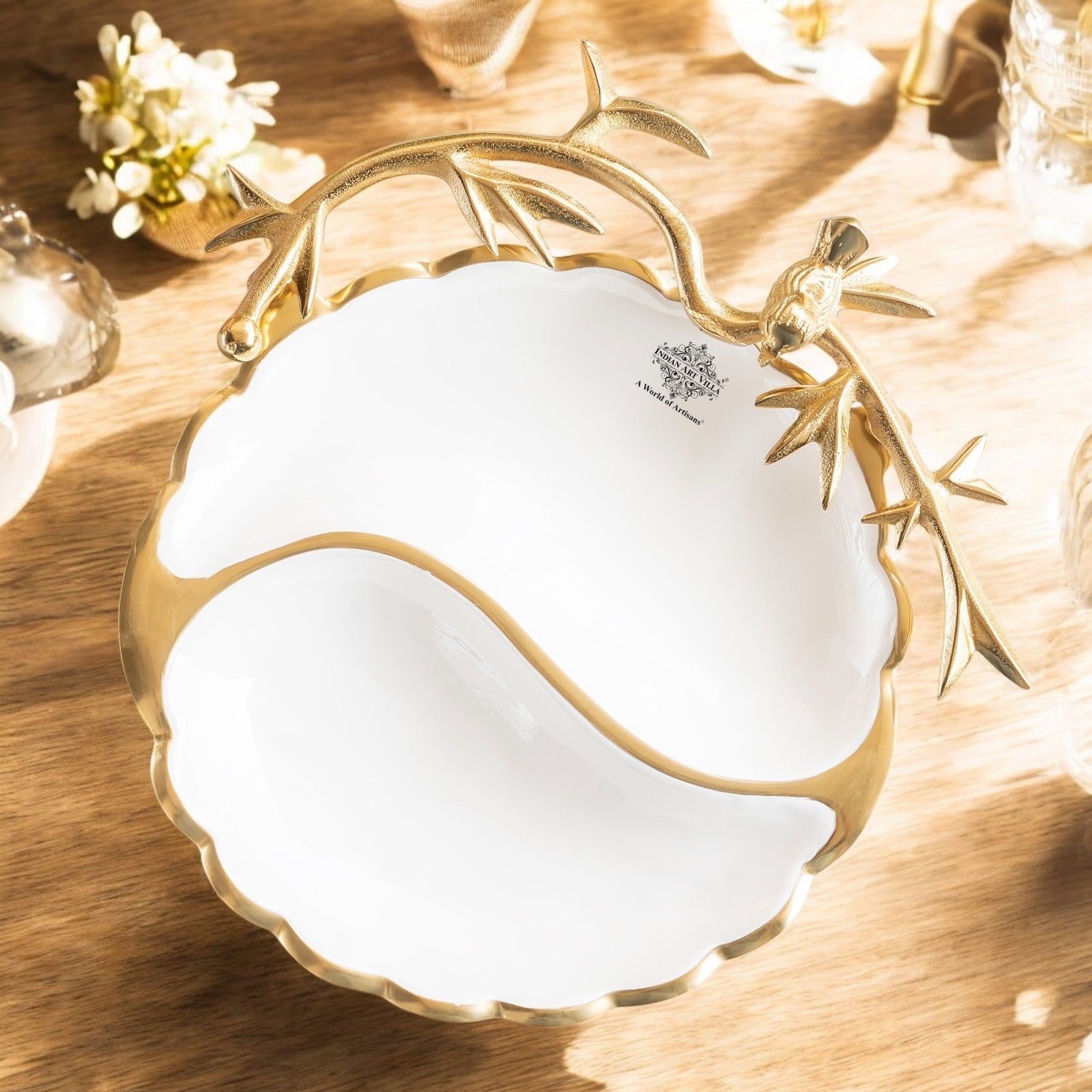 Brass Finish Decorative Serving Platter with Bird Design, Serveware for Home Décor, Gifting, and Special Occasions