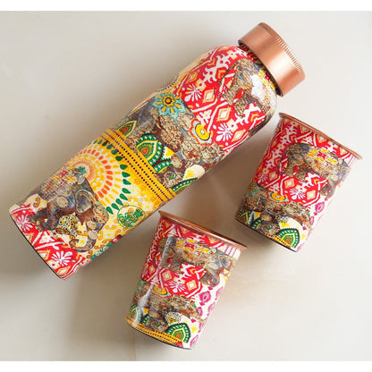 Rajasthani Meena "Padharo Mhare Desh" Printed Copper Bottle & Glass Set