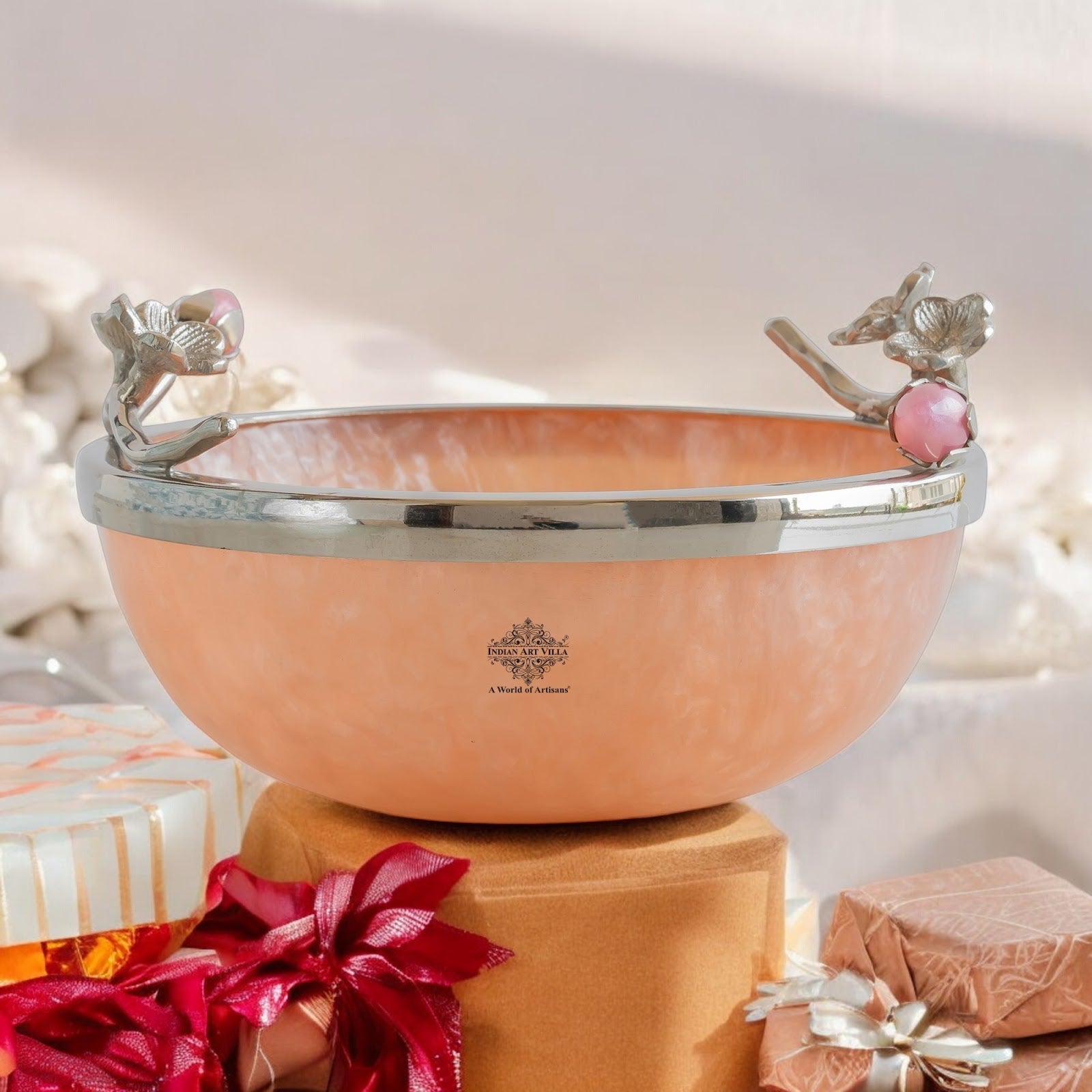 Silver Plated Resin Belgium Pink Decorative Bowl, Elegant Serveware & Home Decor, Perfect for Snacks