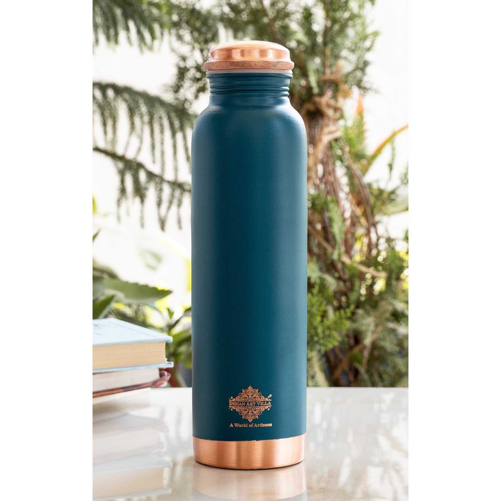 Copper Bottle with Silk Finish Lacquer Coating – Teal Blue Color, 900 ML