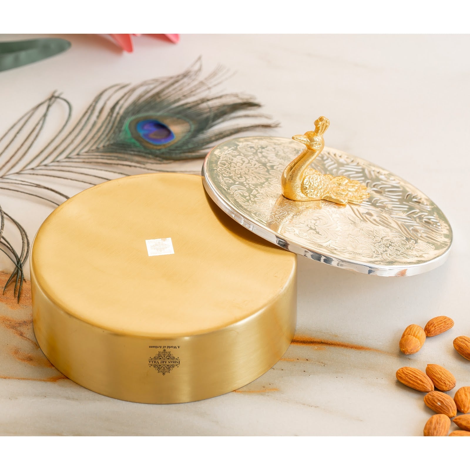 Silver Plated Brass Decorative Box With Peacock Design Knob, Ideal For Gifting