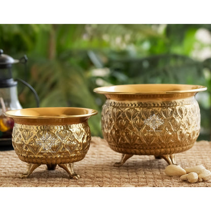 Pure Brass Handcrafted  Dry Fruits Bowl with 3 Legs And Embossed Flower Design