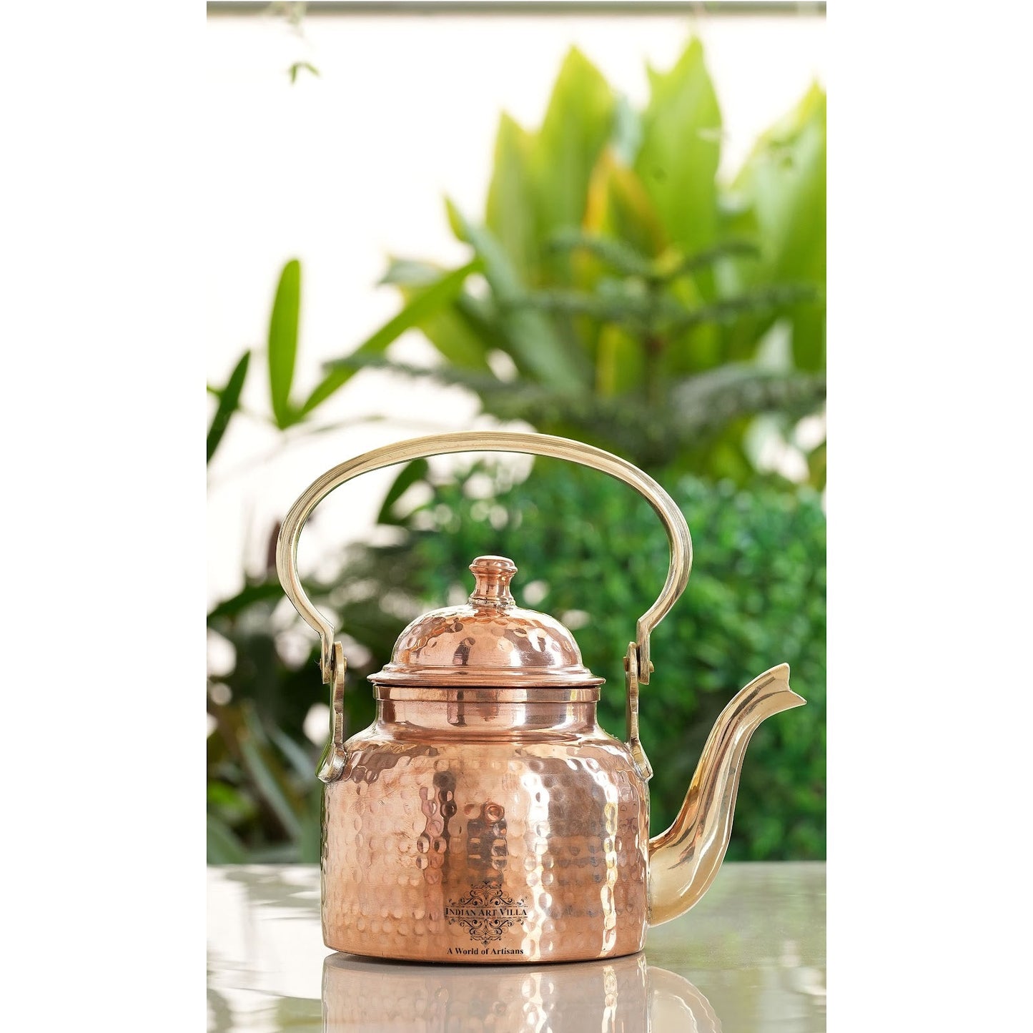 Copper Hammered Tea Pot with Brass Handle with 4 or 6 Glass Tea Cup