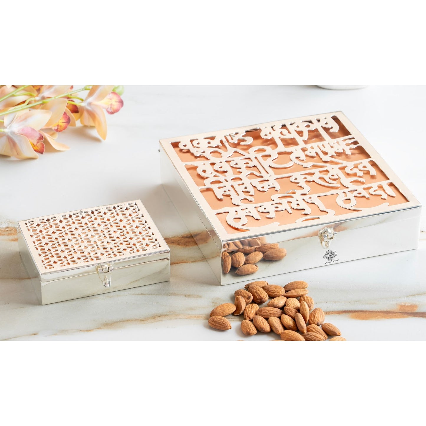 Silver Plated Multi-Purpose Box with Jali Cutting Design, Elegant Silver & Copper Finish