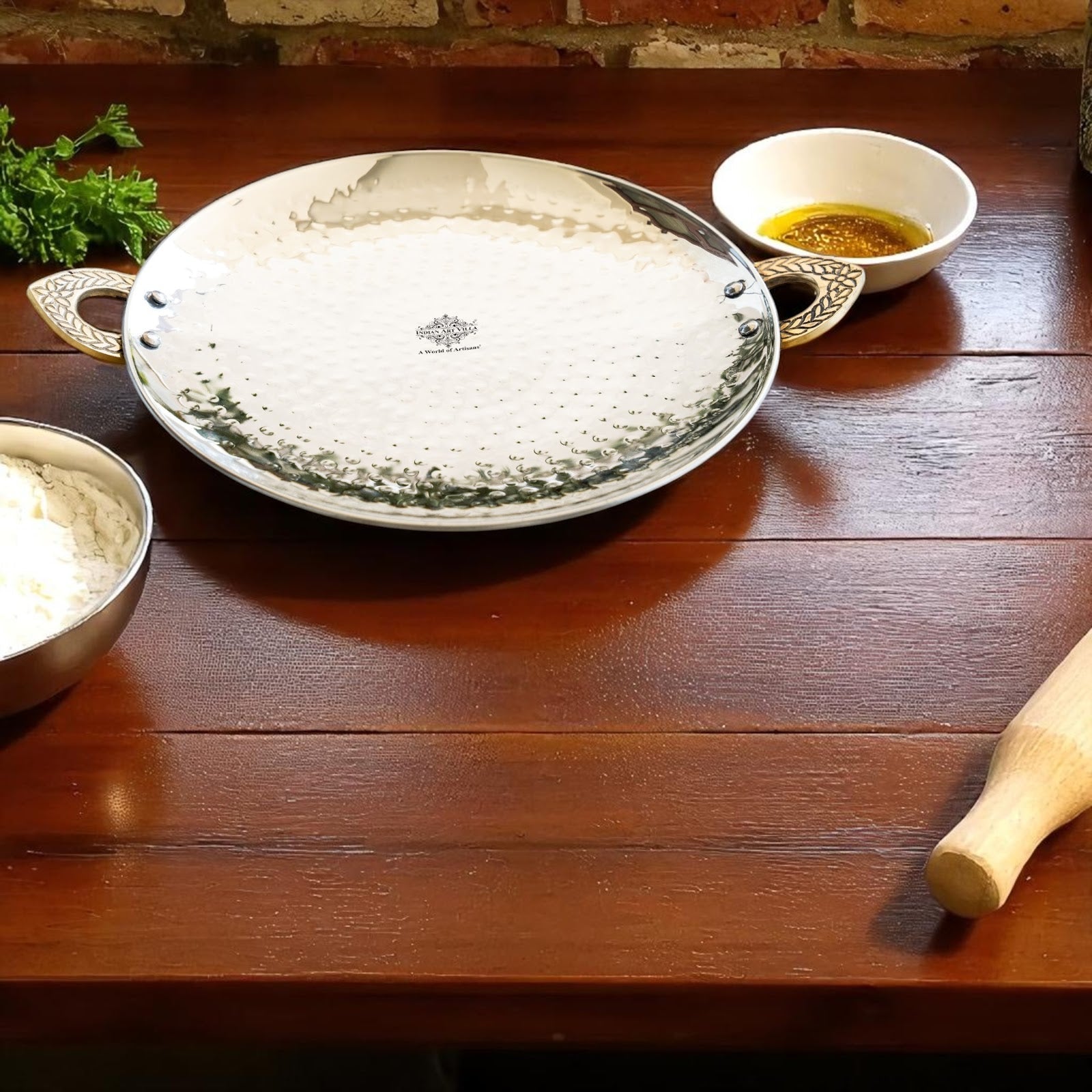 Stainless Steel Hammered Cookware Tawa With Brass Handle