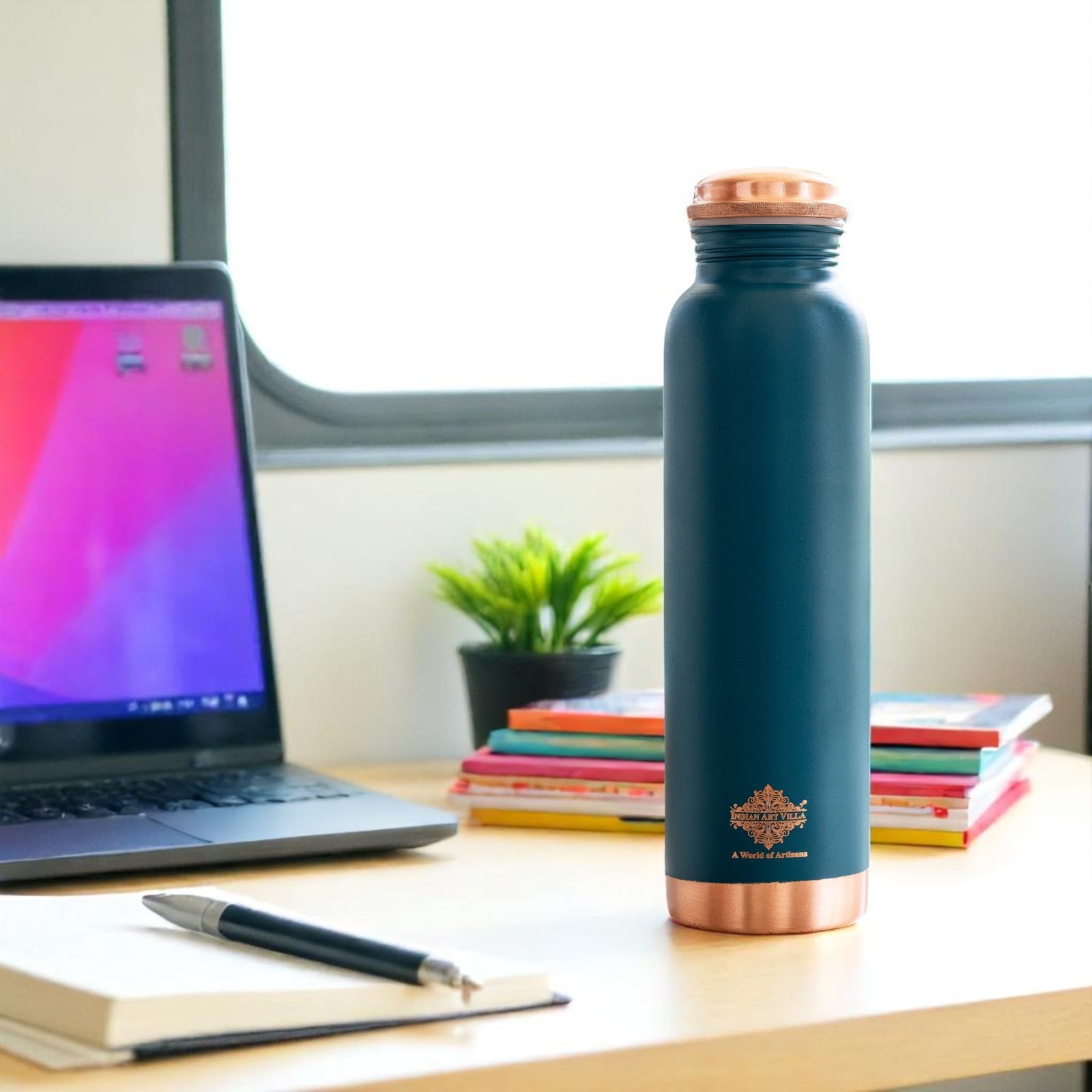 Copper Bottle with Silk Finish Lacquer Coating – Teal Blue Color, 900 ML