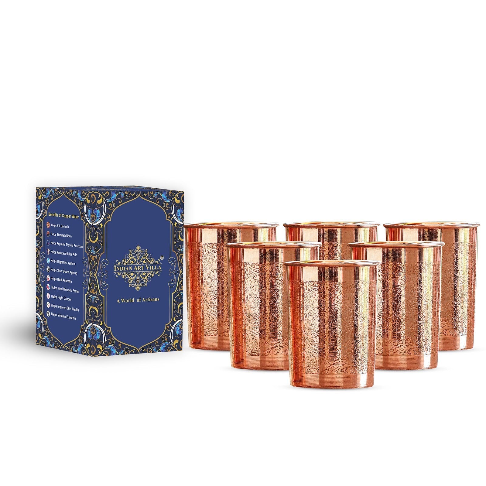 Pure Copper Glass With Handcrafted Embossed Design 275 ML