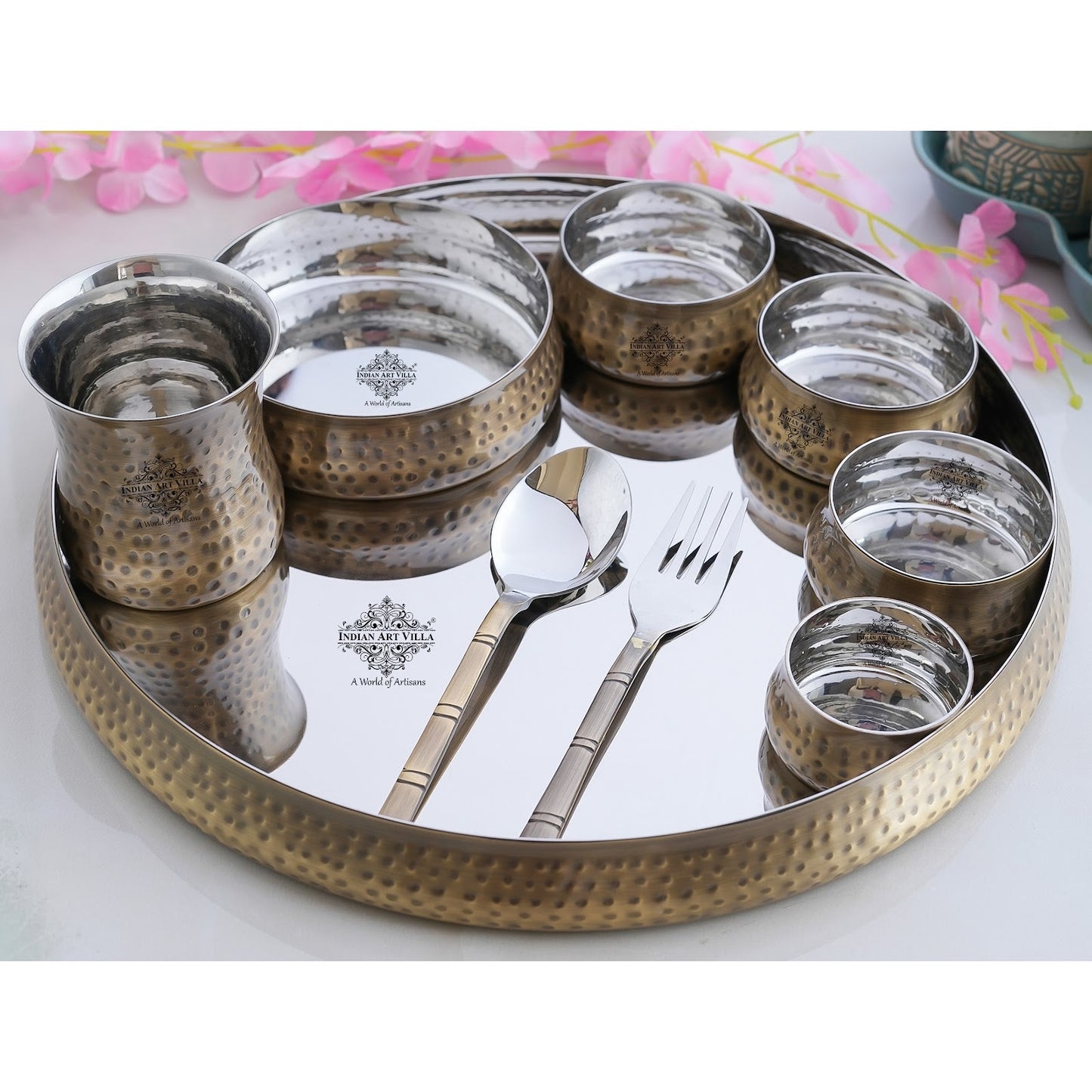 Steel Brass Curve Thali Set 9 Piece, Hammered Antique Finish Design Dinner Set