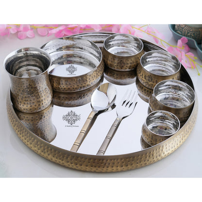 Steel Brass Curve Thali Set 9 Piece, Hammered Antique Finish Design Dinner Set