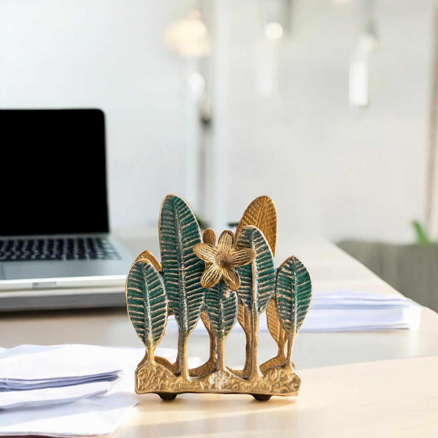 Brass Finish Green Leaf Design Decorative Napkin Tissue Holder – Luxurious Table Accessory