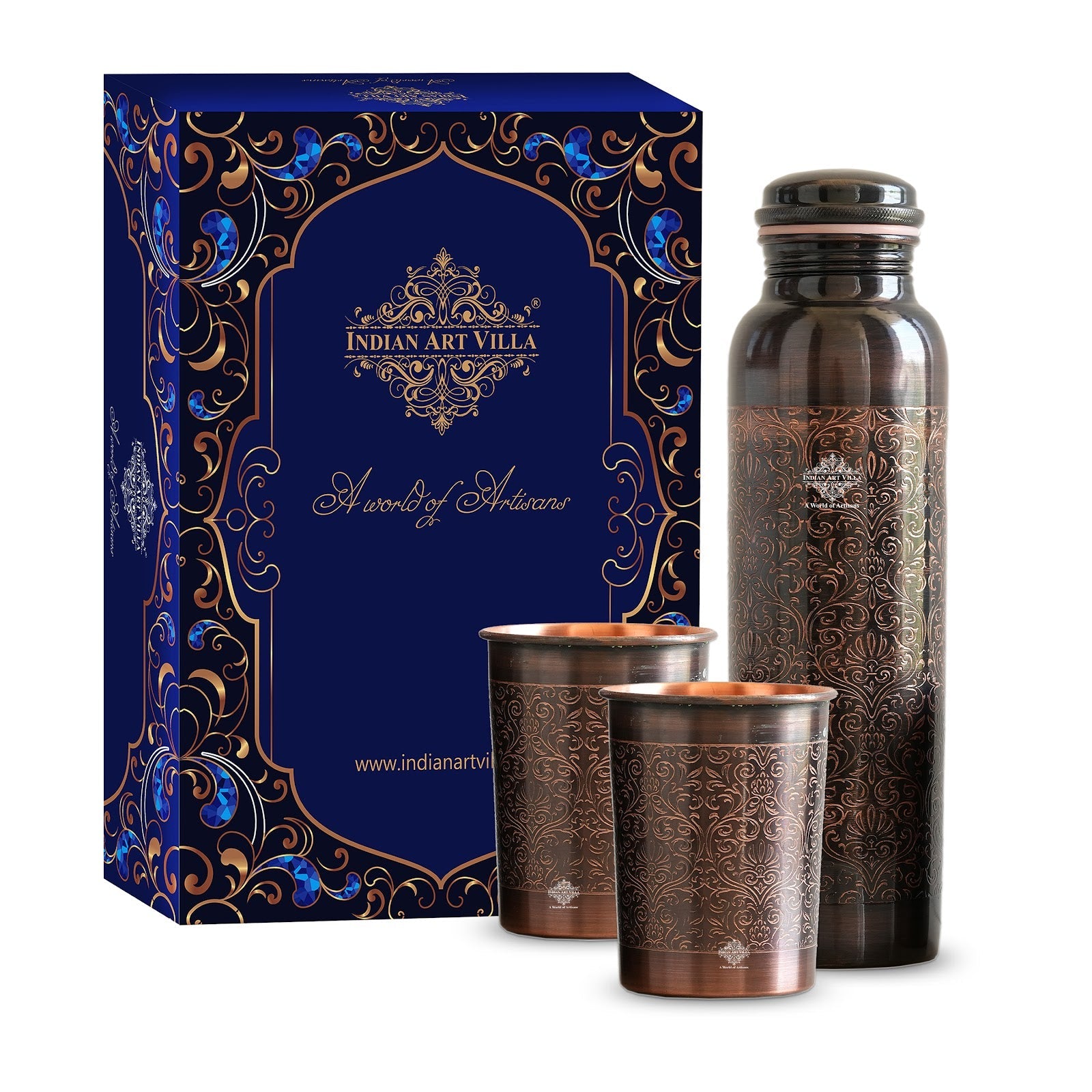 Pure Copper Drinkware Gift Set - Antique Dark Finish, Embossed Design, Water Bottle