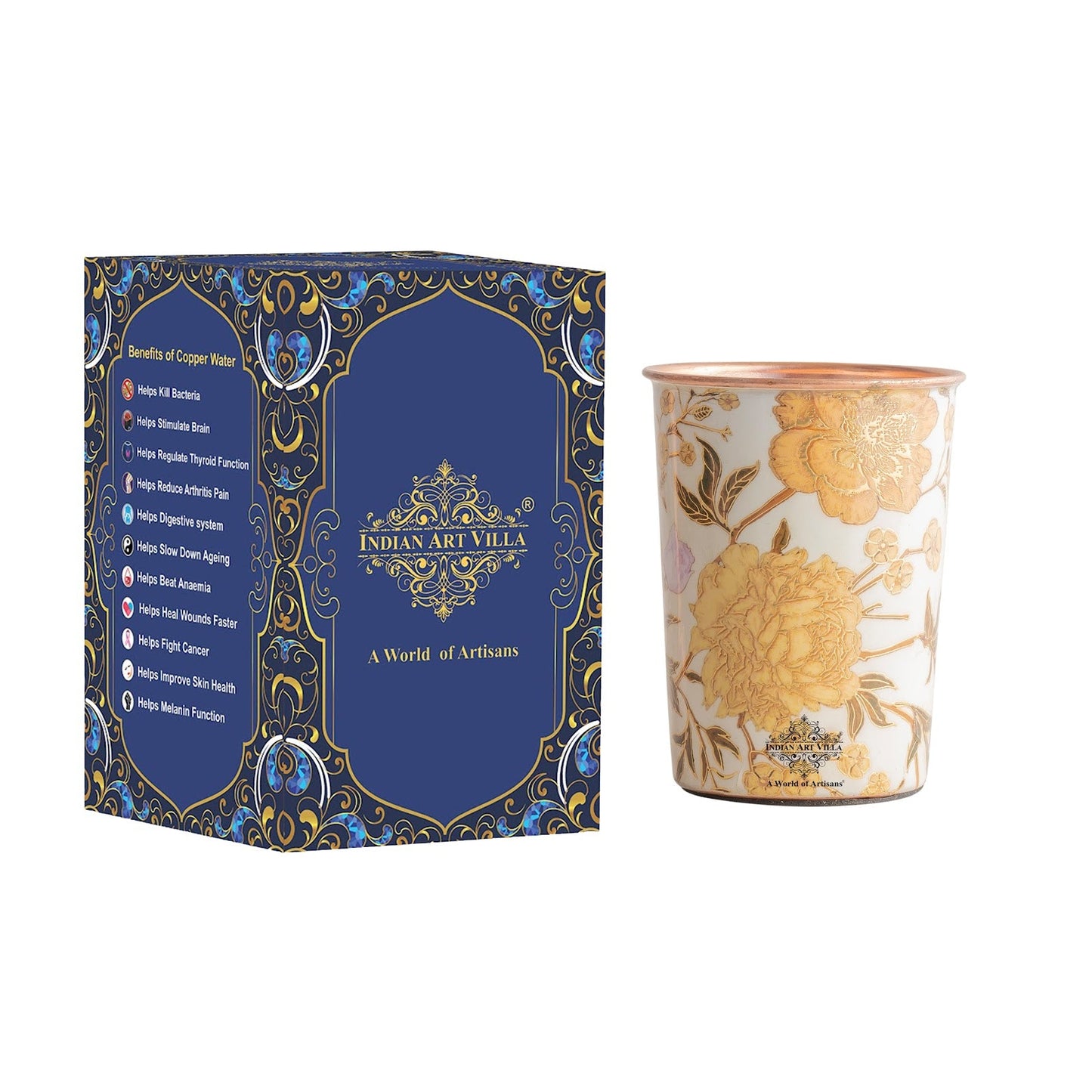 Pure Copper Gold Flower Print Glass – 275 ML