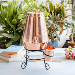 Copper Water Pot with Embossed Design,With Stand & Glass Pyramid shape - 5 Litre