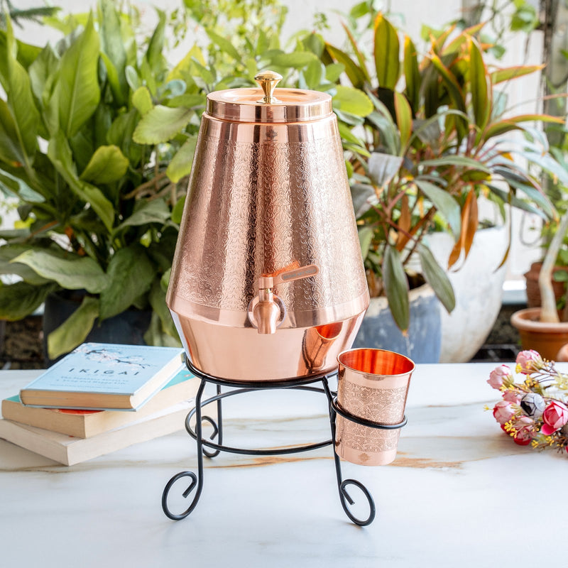 Copper Water Pot with Embossed Design,With Stand & Glass Pyramid shape - 5 Litre