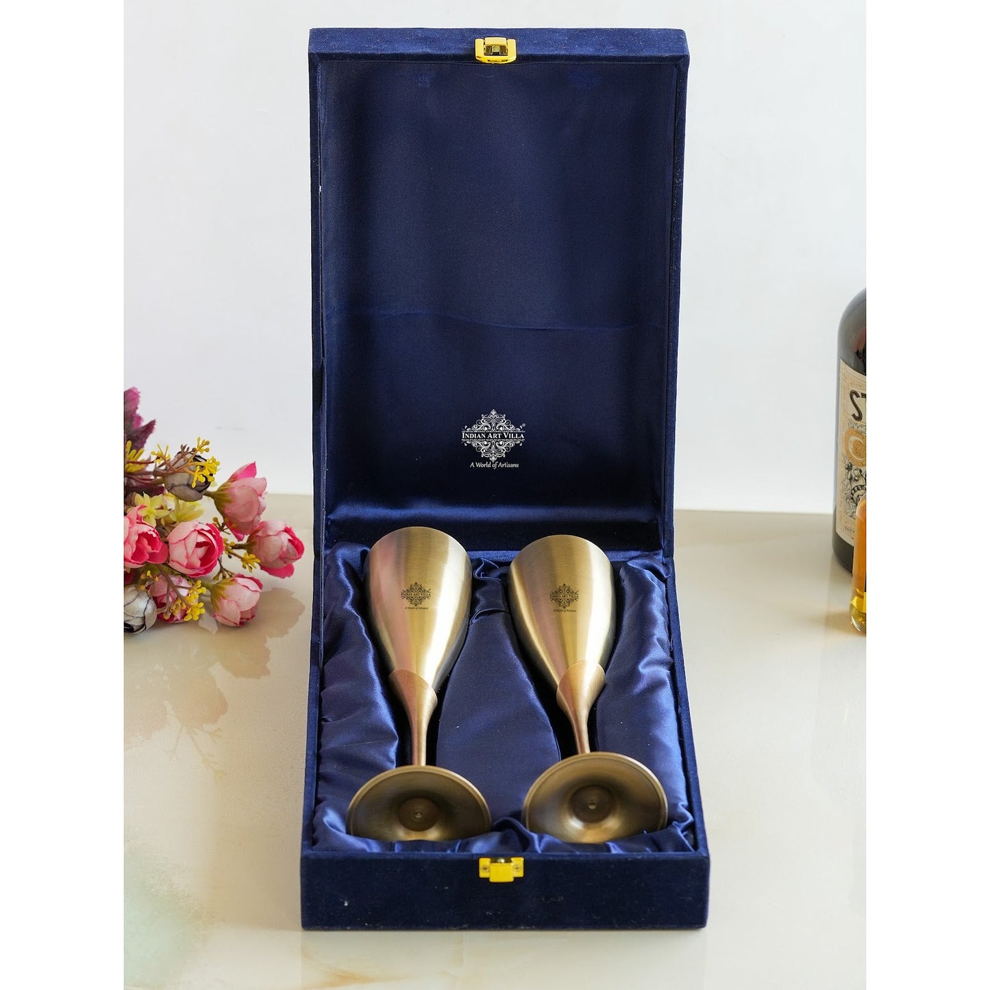 Handmade Pure Brass Set of 2 Antique Finish Champagne Glass Set in Blue Velvet Box