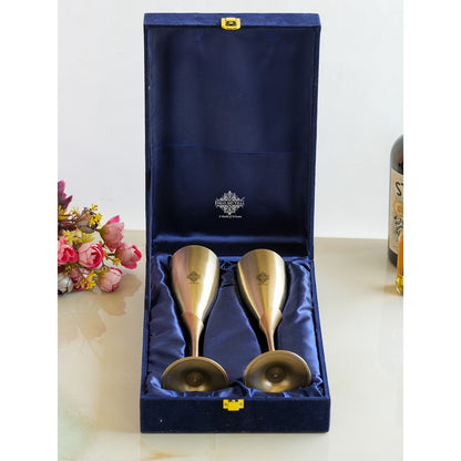 Handmade Pure Brass Set of 2 Antique Finish Champagne Glass Set in Blue Velvet Box