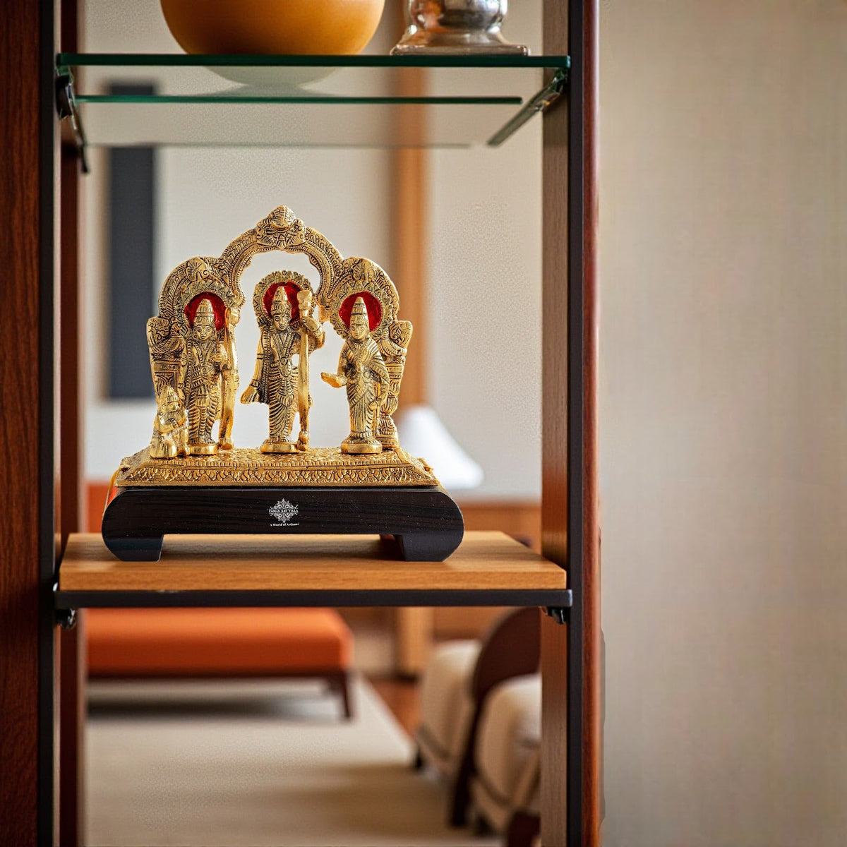 Brass Finish Ram Darbar Murti with Wooden Base for Home Temple