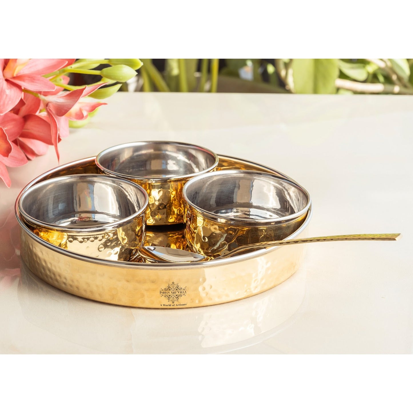 Brass Mukhwas Set – 3 Bowls with 8-Inch Hammered Plate & Spoon | Perfect for Serving Mouth Fresheners, Dry Fruits, Sweets at Home, Parties, Restaurants, and Festive Occasions