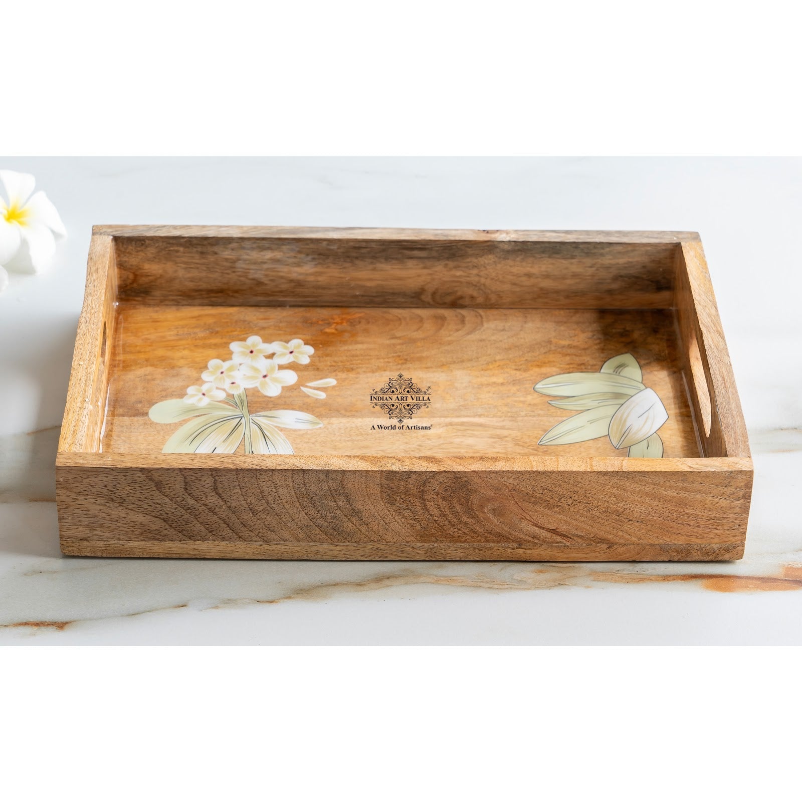 Wooden Tray with Plumeria Flower Design, Multipurpose Serving Tray for Tea, Coffee, Snacks, Home Decor, Gift Hampers