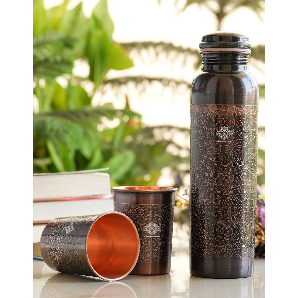 Pure Copper Antique Embossed Bottle Gift Set