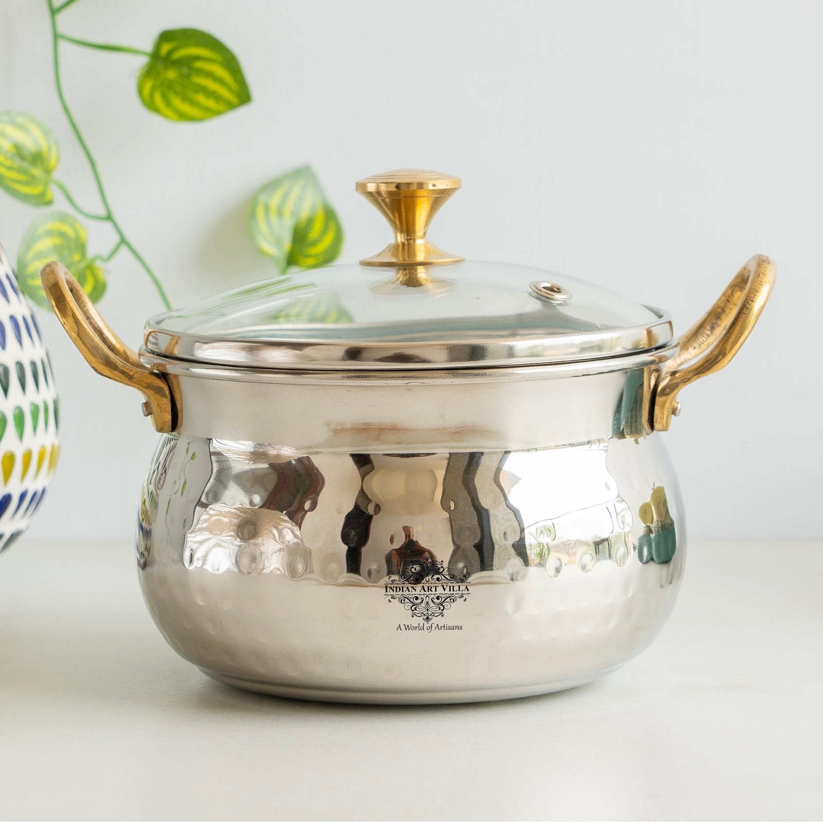 Steel Handi Hammered Design Bowl with Glass Lid Brass Knob &  Handles   – 950 ML,  Tableware & Serveware