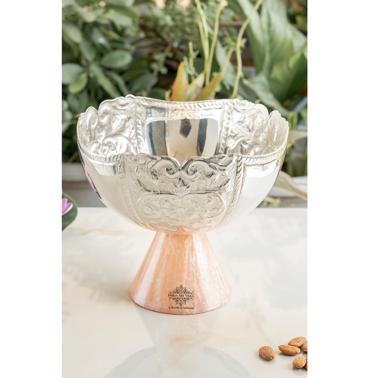 Silver Plated Resin Decorative Fruit Basket - Embossed Design, Luxury Home Décor, Centerpiece for Dining Table and Useful for Gifting