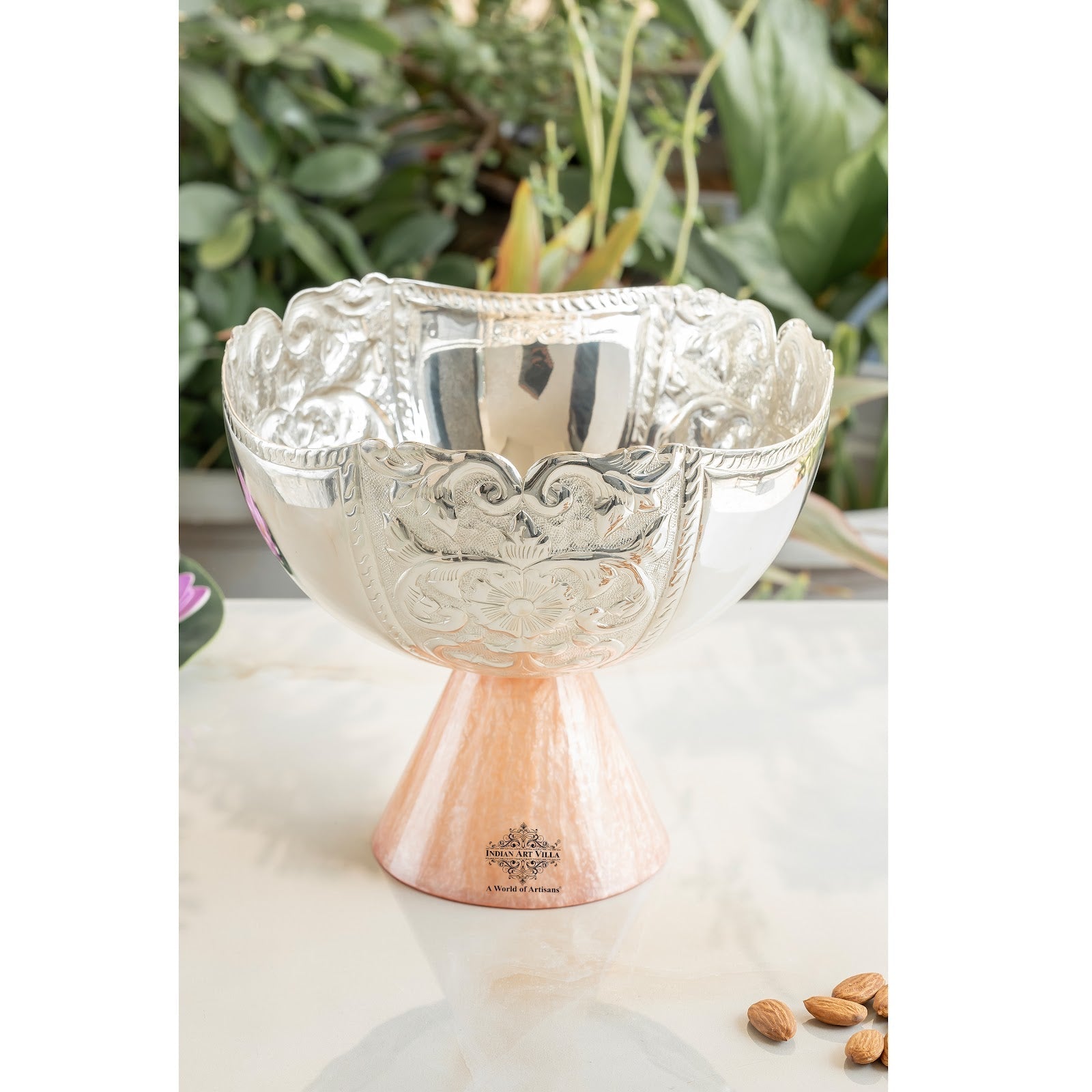 Silver Plated Resin Decorative Fruit Basket - Embossed Design, Luxury Home Décor, Centerpiece for Dining Table and Useful for Gifting