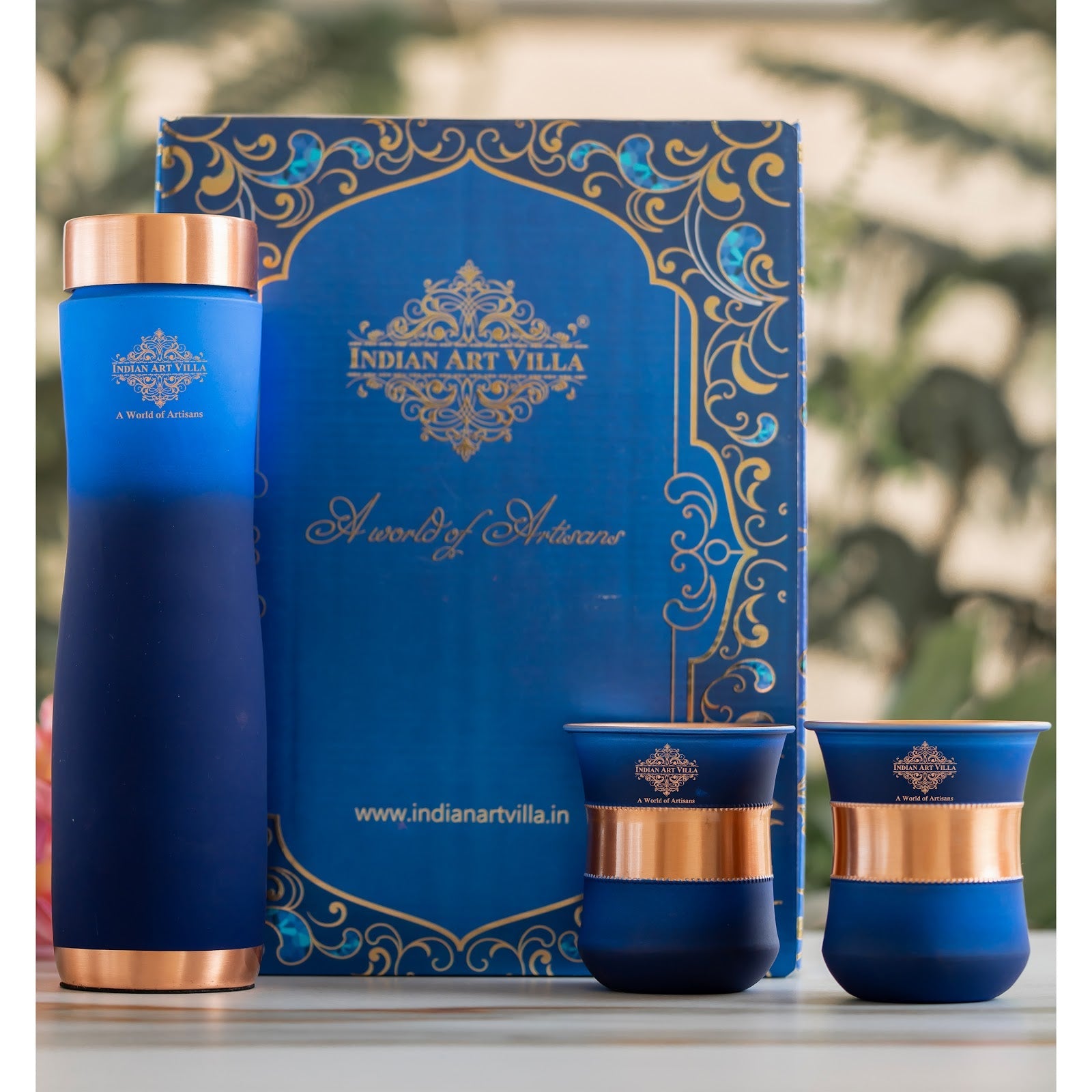 Matt Ombre Copper Bottle and Glass Set with Royal Look  Bottle-900 Ml, Glass-275Ml