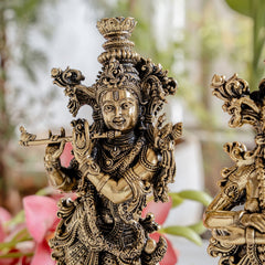 Pure Brass Antique Finish Radha Krishna Standing Murti For Home Temple - 24.13 cm