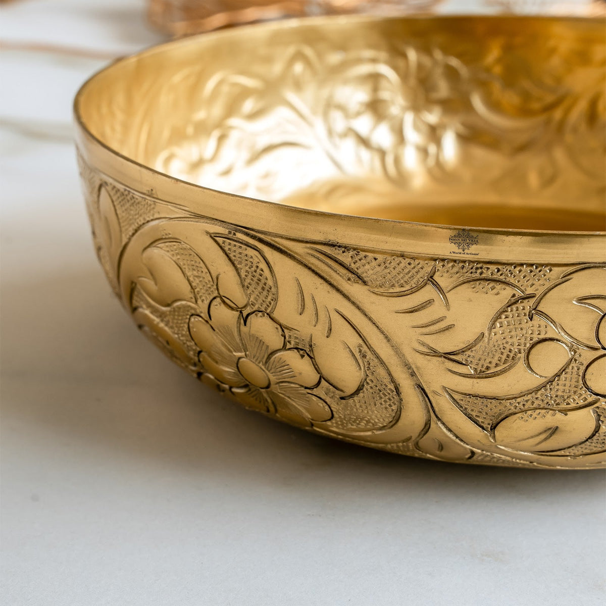 Brass Finish Urli Bowl with Floral Embossed Design