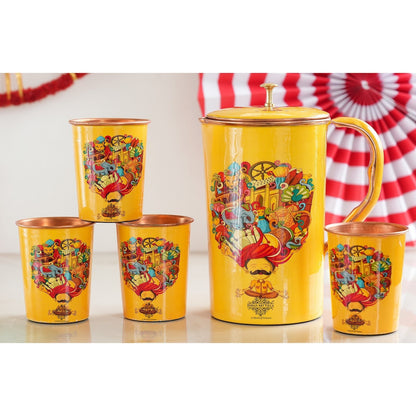Pure Copper Printed Padharo Mhare Desh Jug & Glass Gift Set