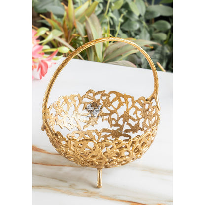 Brass Hanging Basket with Intricate Cutwork Design – Decorative Brass Finish Basket