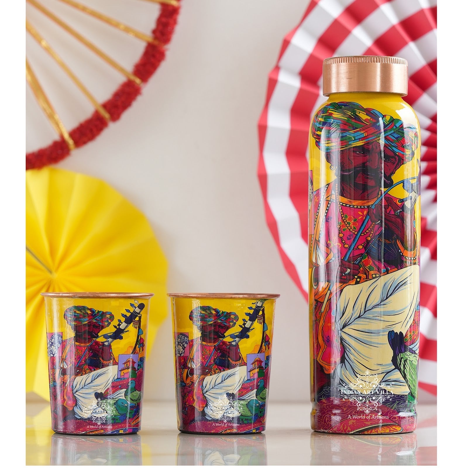 Rajasthani Meena "Padharo Mhare Desh" Printed Copper Bottle & Glass Set