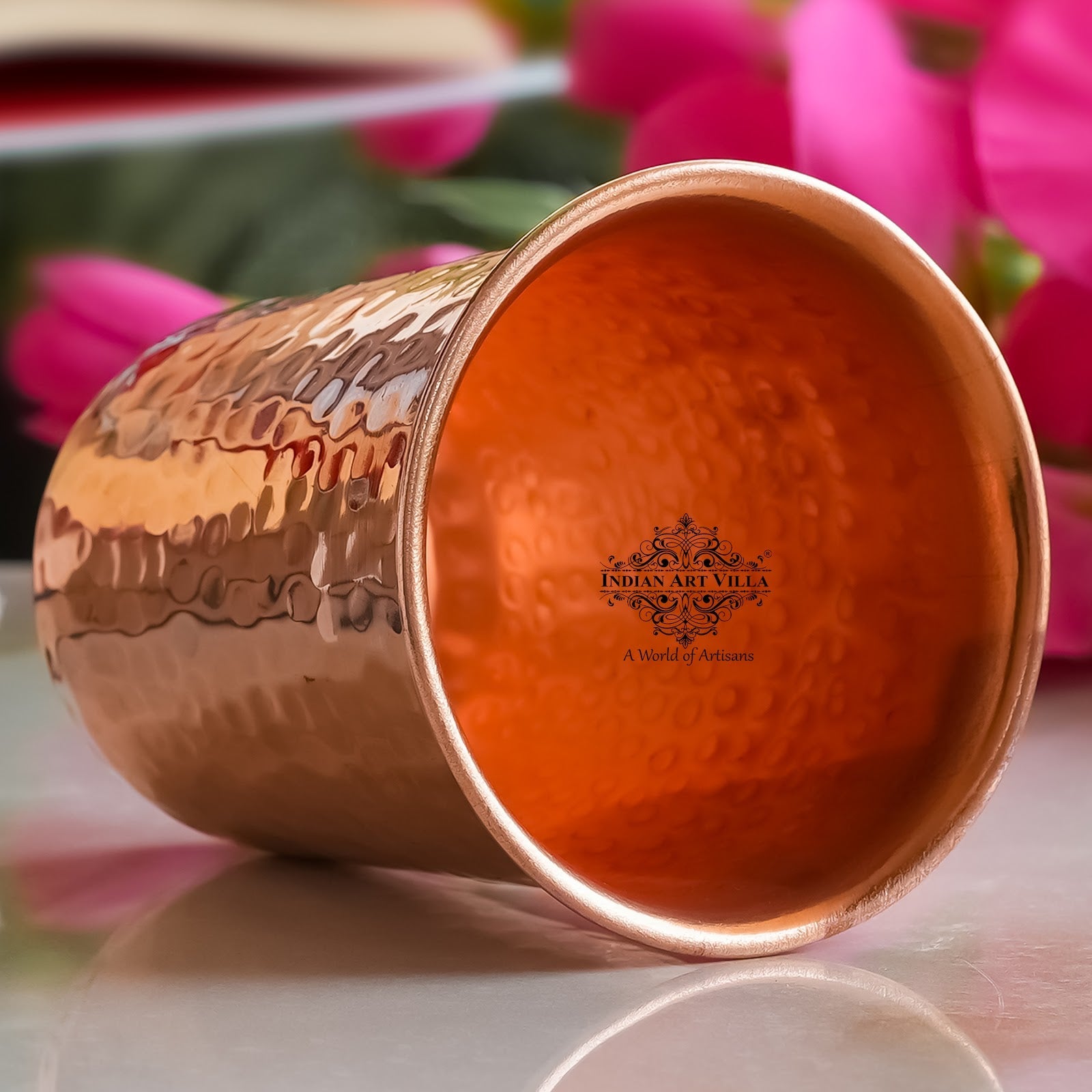 Pure Copper Hammered | Flower Design Glass 300ml