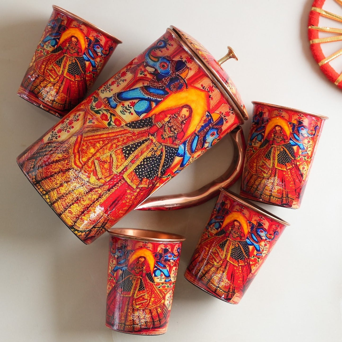 Pure Copper Printed Padharo Mhare Desh Jug & Glass Gift Set