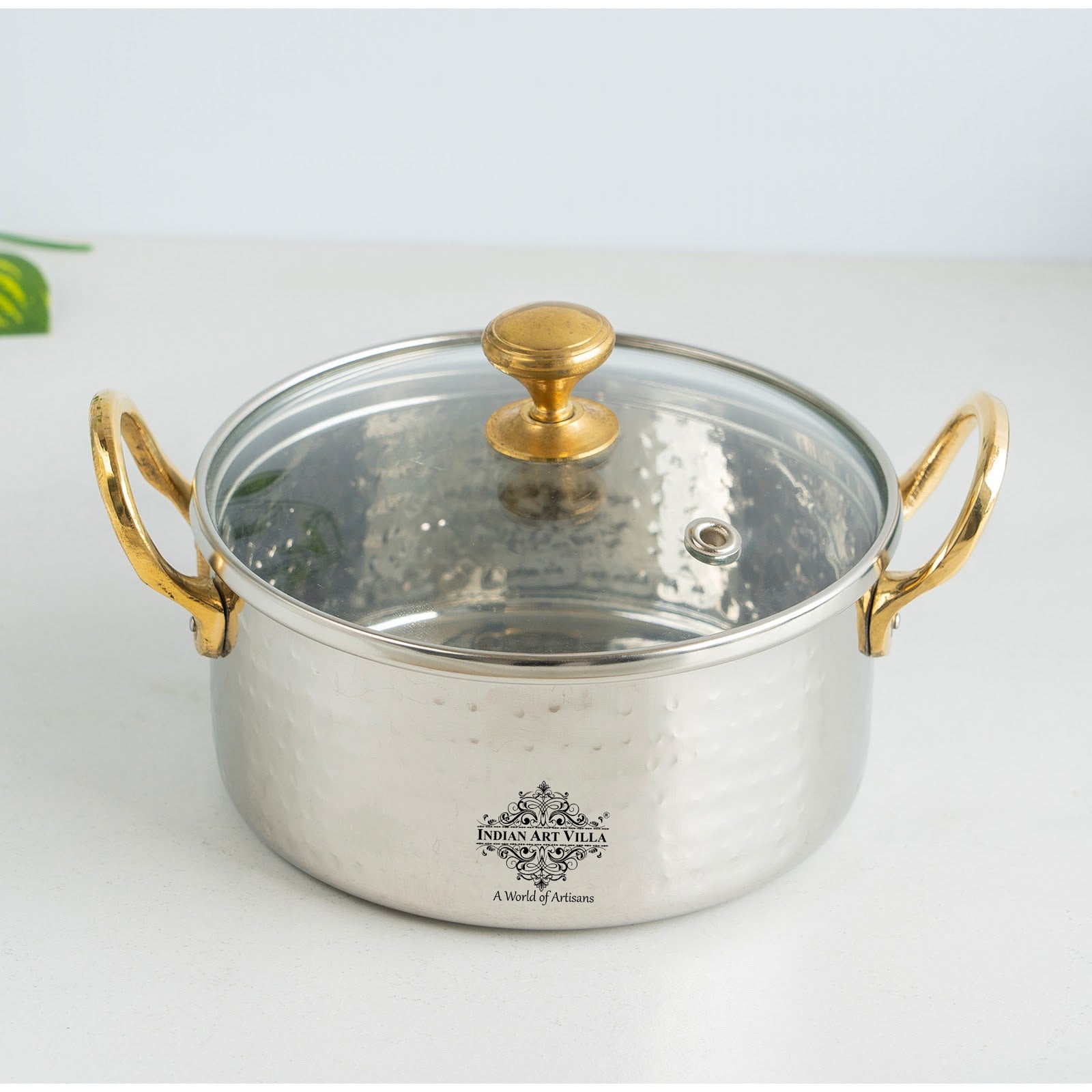 Stainless Steel Serving Bowl with Brass Handles and Glass Lid, Hammered Designs – Elegant Tableware for Home & Restaurant Use